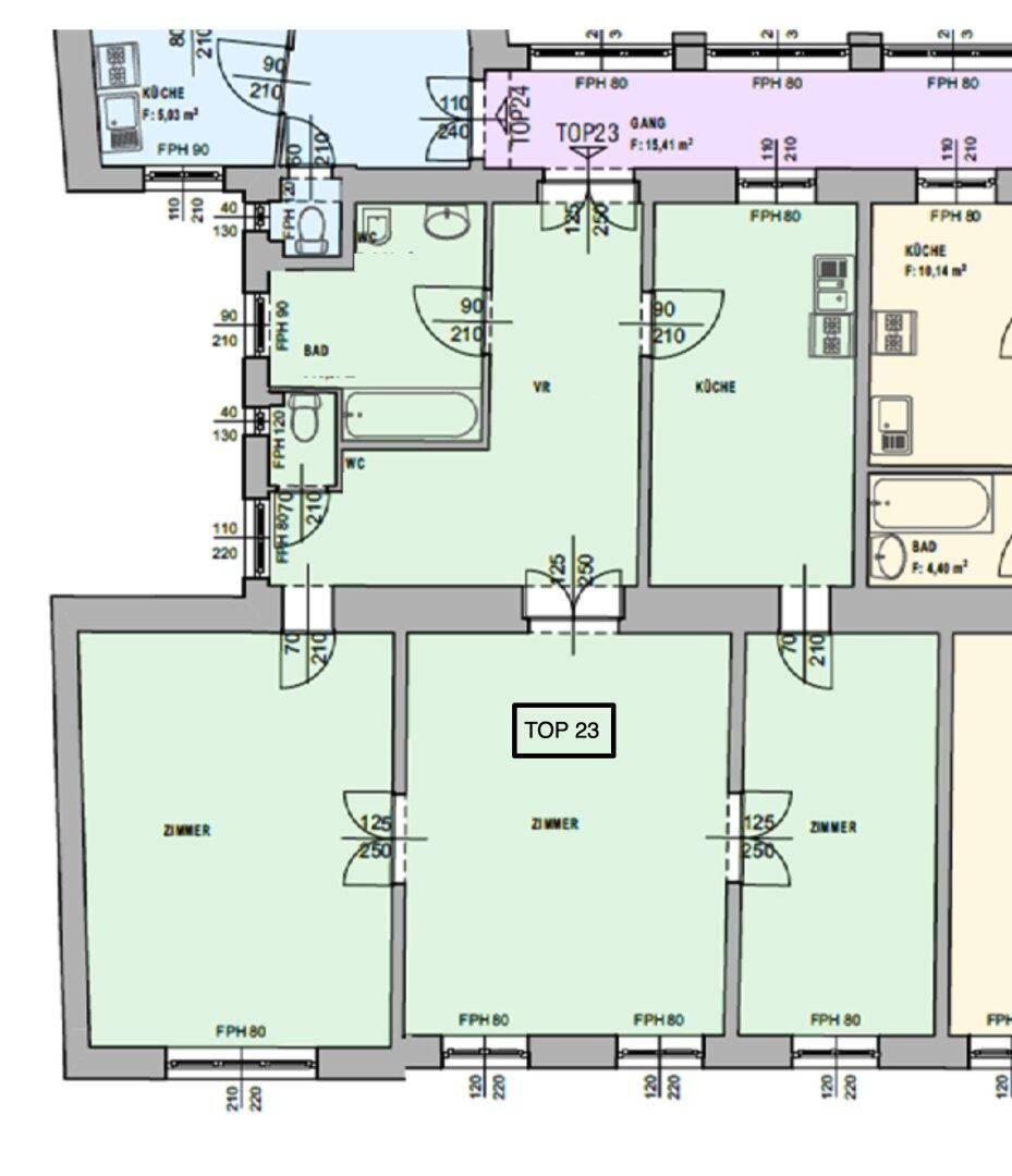 Grundriss der Wohnung TOP 23 mit drei Zimmern, Küche und Bad.