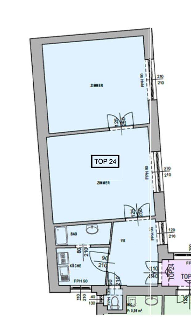 Grundriss der Wohnung Top 24 mit zwei Zimmern, Bad und Küche.