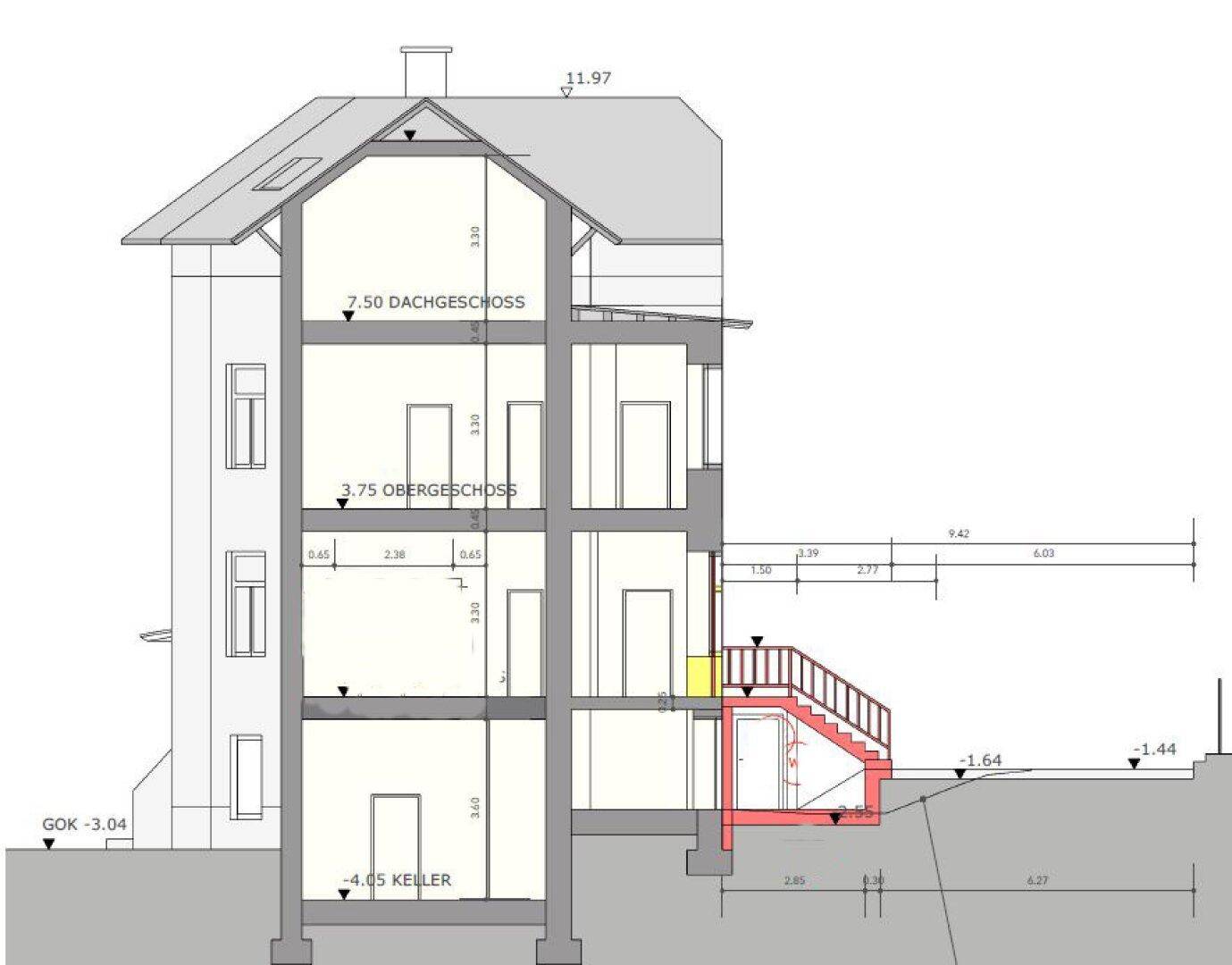 Querschnitt des Gebäudes mit Keller, Obergeschoss und Dachgeschoss, inklusive Treppenhaus.