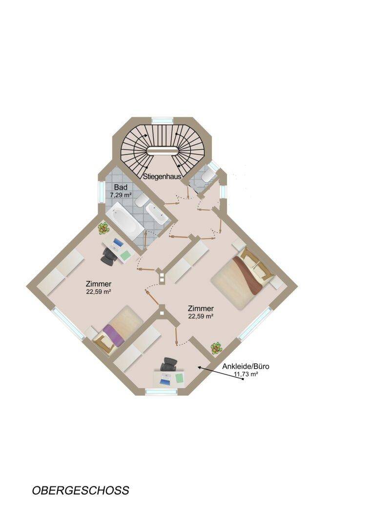 Grundriss des Obergeschosses mit mehreren Zimmern, einem Badezimmer und zentralem Treppenhaus.