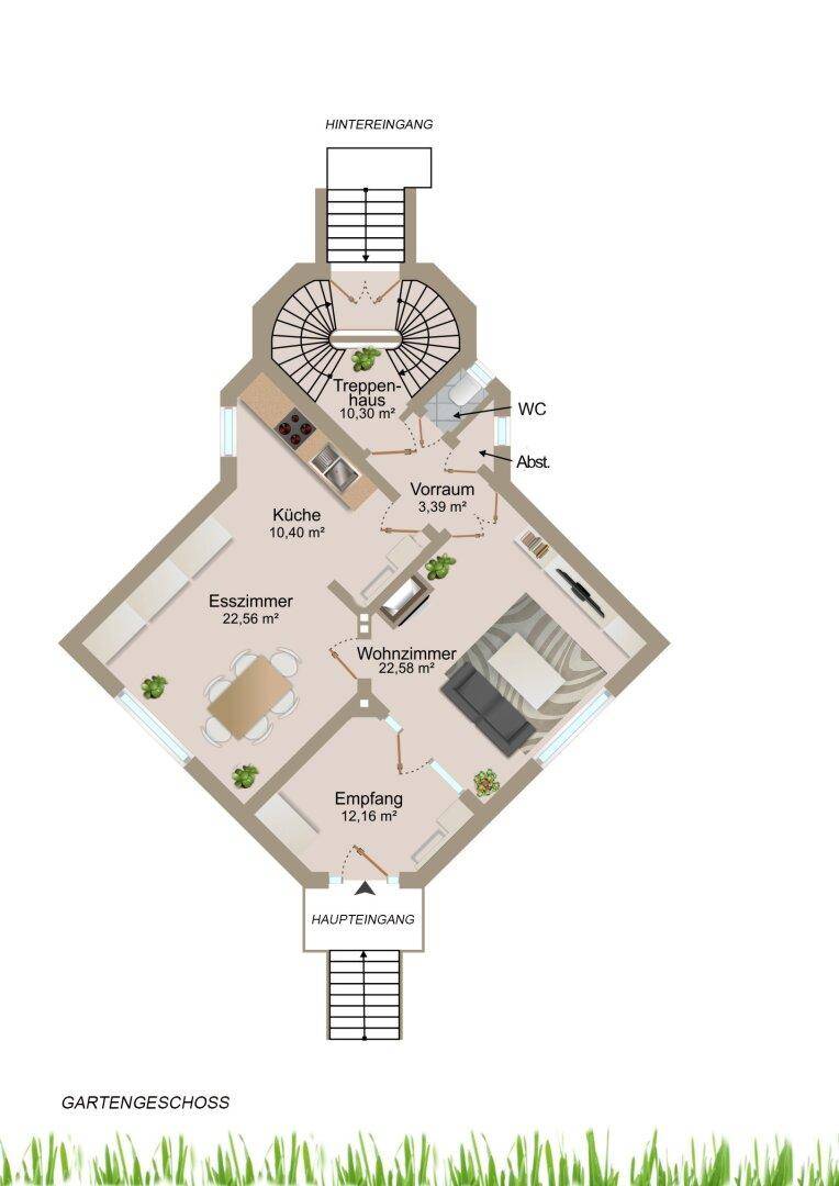 Grundriss des Gartengeschosses mit offener Küche, Wohnzimmer, Esszimmer und WC.