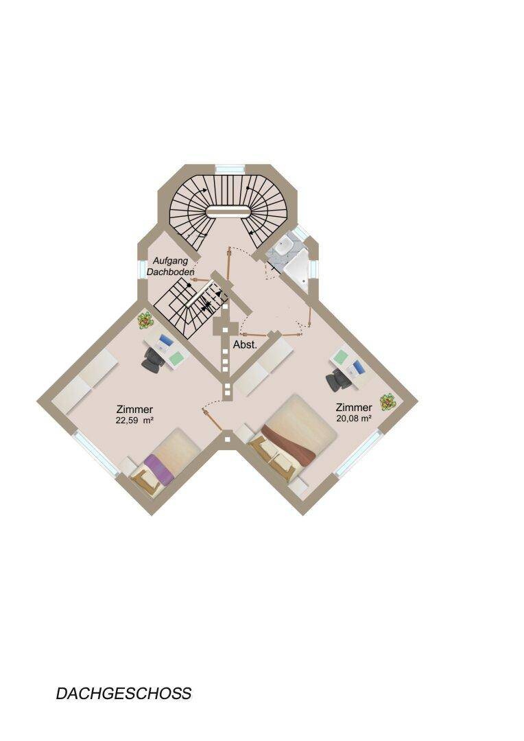 Grundriss des Dachgeschosses mit zwei Zimmern und Zugang zum Dachboden über das Treppenhaus.