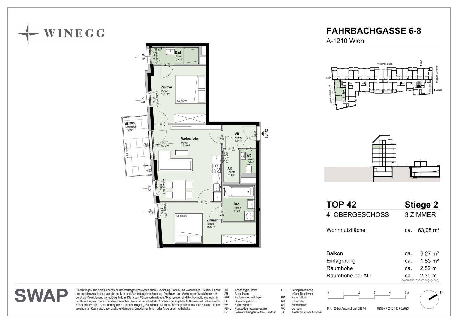 Grundriss der Wohnung TOP 42 im 4. Obergeschoss mit 3 Zimmern und Balkon.