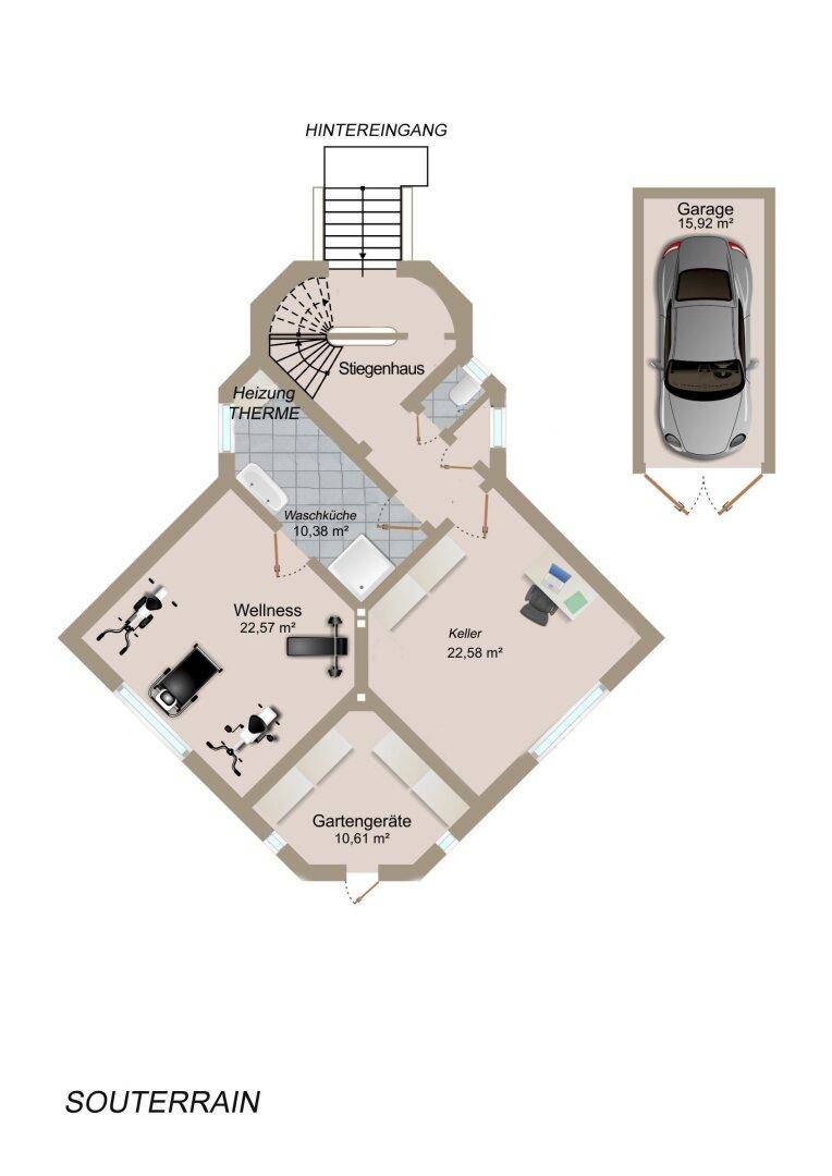 Grundriss des Souterrains mit Wellnessbereich, Waschküche, Keller und separater Garage.