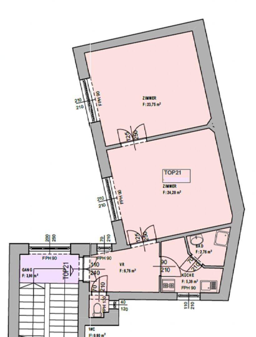 Grundriss der Wohnung TOP21 mit zwei Zimmern, Küche und Bad.