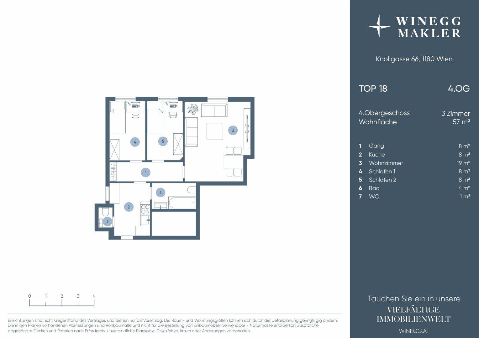 Detaillierter Grundriss einer Wohnung mit drei Zimmern, Küche, Bad und WC.