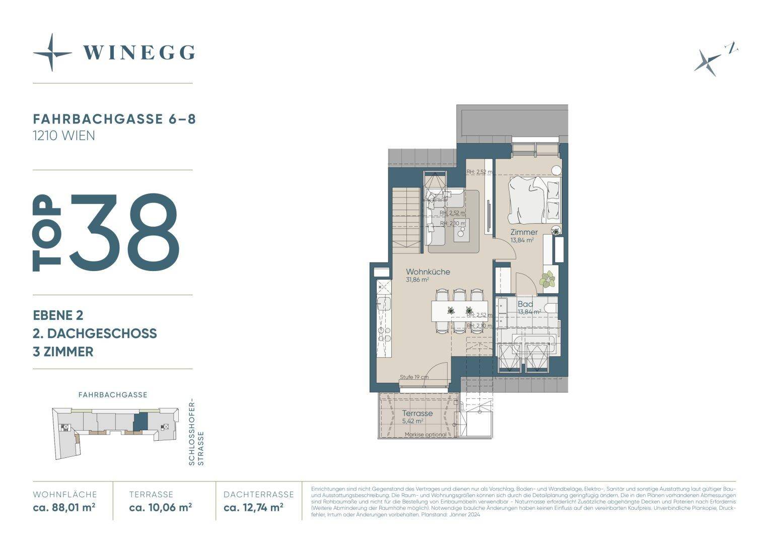 Grundriss der zweiten Dachgeschossebene mit offener Wohnküche, Schlafzimmer, Bad und Terrasse.