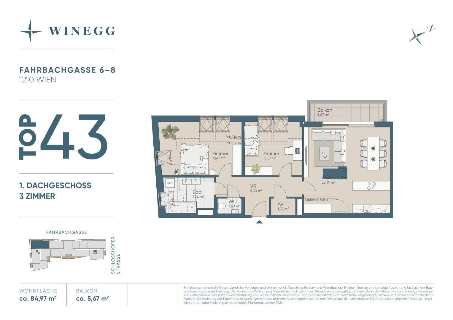 Grundriss der Wohnung TOP 43 im Dachgeschoss mit drei Zimmern und Balkon in Wien.