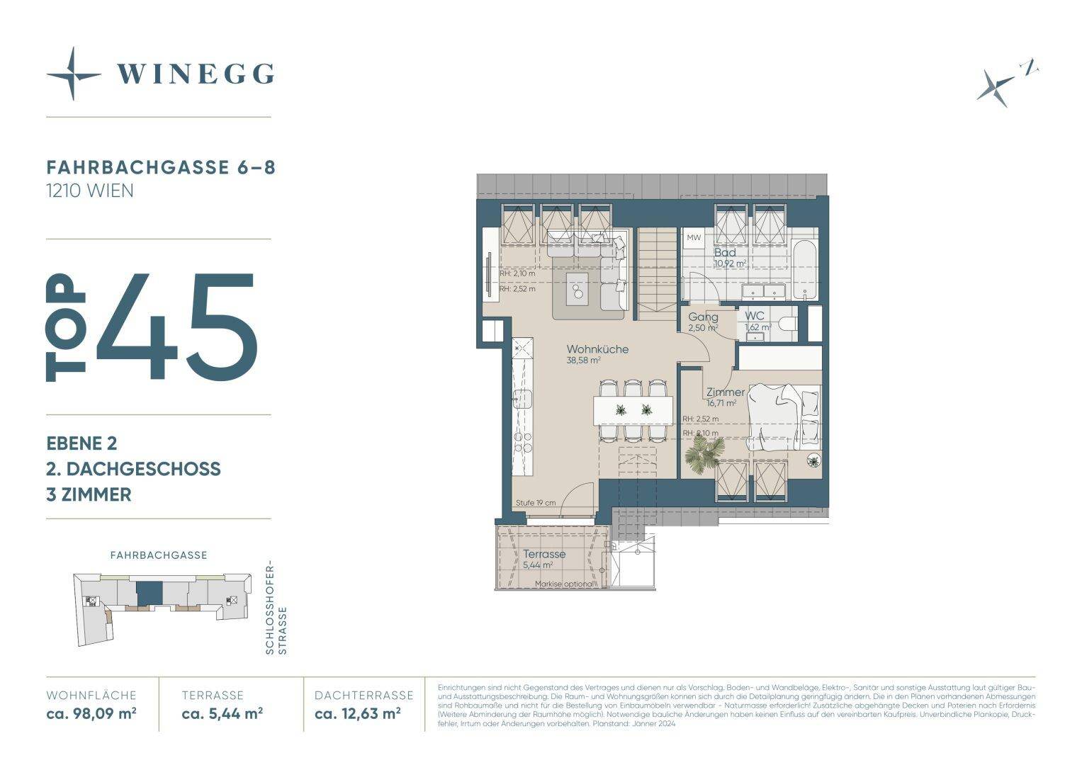 Grundriss der zweiten Dachebene mit offener Wohnküche, Zimmer, Bad und Terrasse.