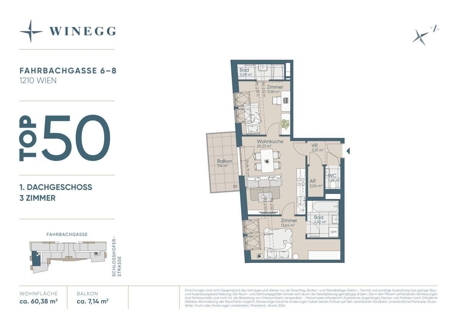 Grundriss einer 3-Zimmer-Wohnung im Dachgeschoss mit Balkon und offener Wohnküche.