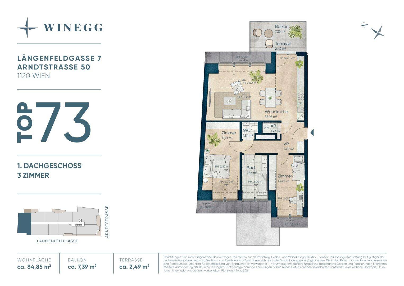 Detaillierter Grundriss einer 3-Zimmer-Wohnung im Dachgeschoss mit Balkon und Terrasse.