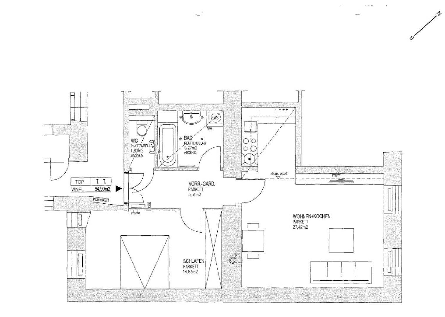 Grundriss der Wohnung mit einem Schlafzimmer, Bad, WC und offenem Wohn-Kochbereich.