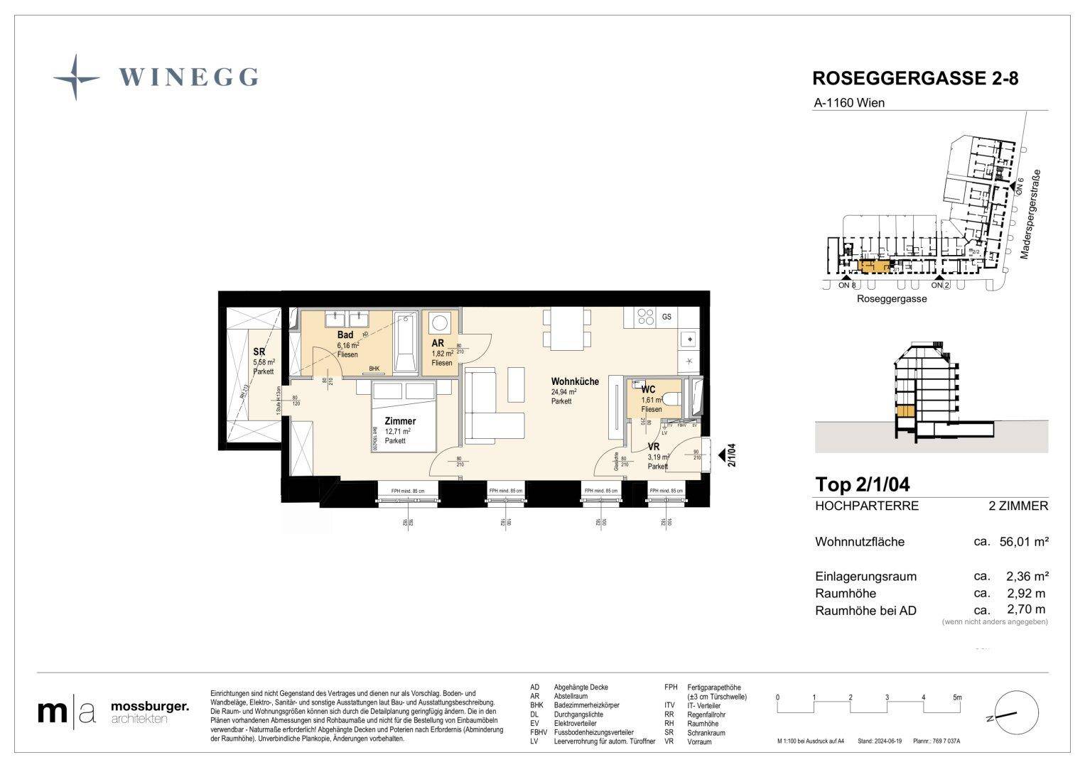 Grundriss der Wohnung Top 2/1/04 mit 56,01 m² Wohnnutzfläche und zwei Zimmern.