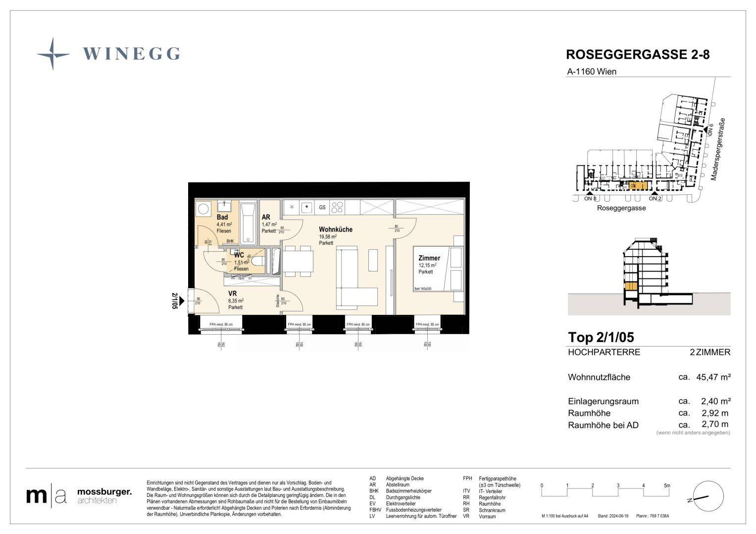 Grundriss einer 2-Zimmer-Wohnung mit offener Wohnküche, separatem Schlafzimmer und Bad.