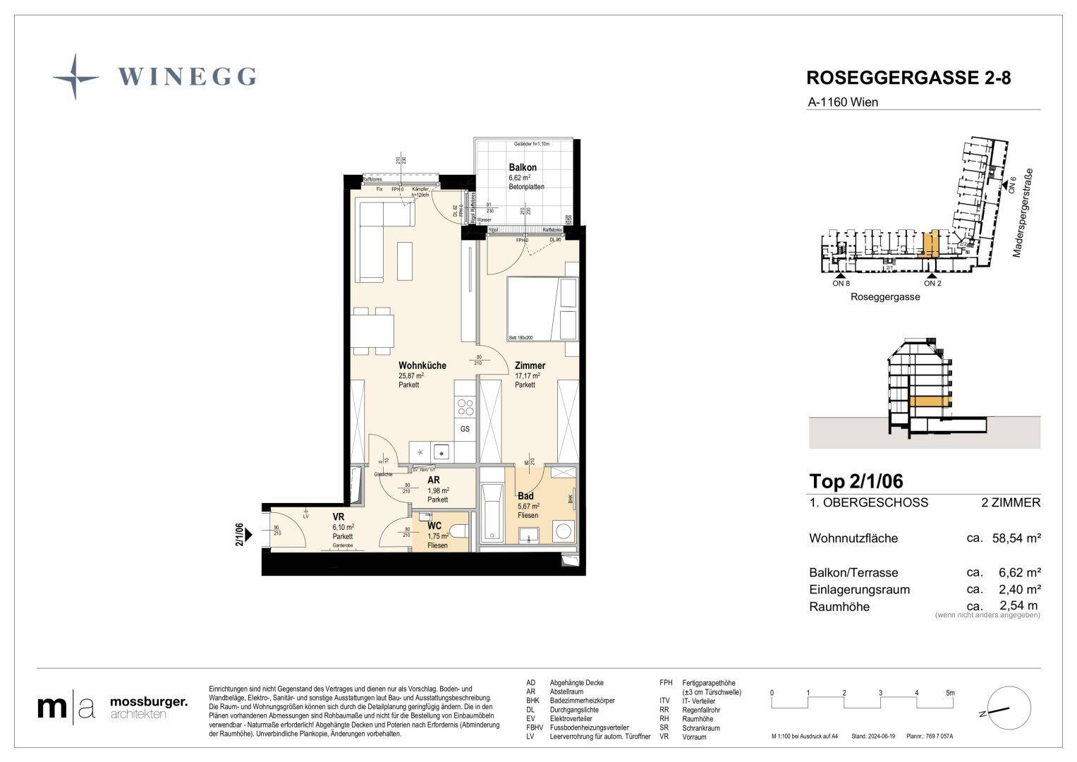 Grundriss einer 2-Zimmer-Wohnung mit offener Wohnküche, Bad, separatem WC und Balkon.