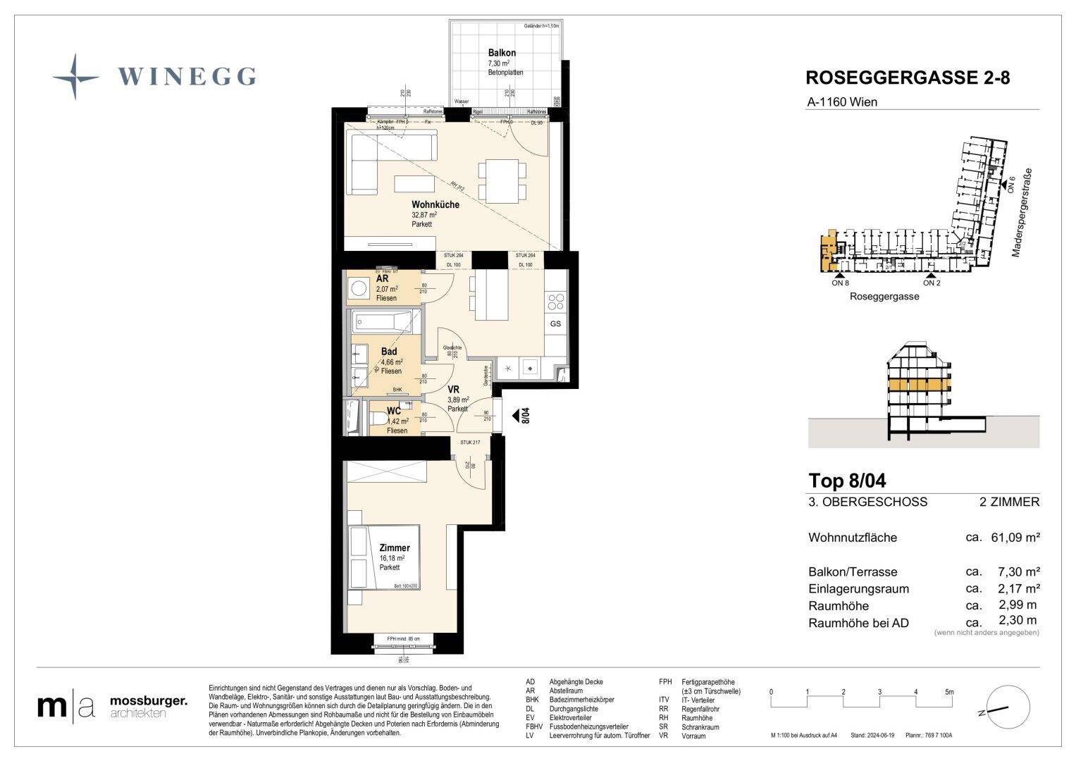 Grundriss einer Wohnung mit offener Wohnküche, Schlafzimmer, Bad, separatem WC und Balkon.