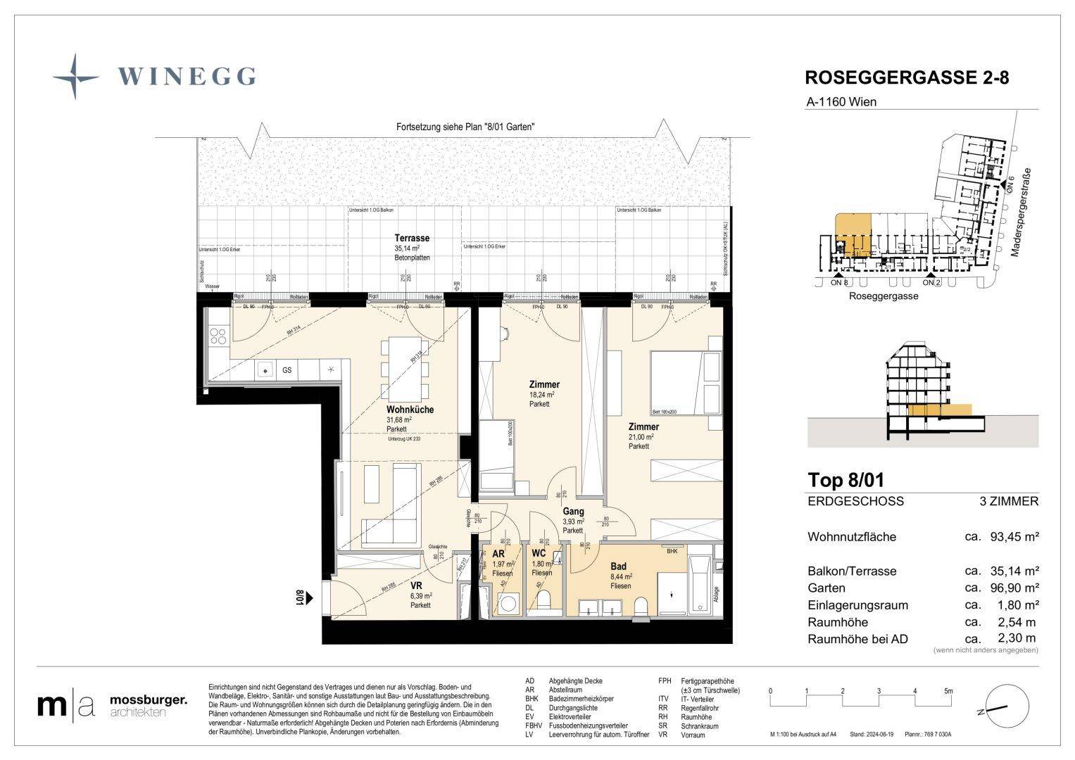 Grundriss einer 3-Zimmer-Wohnung im Erdgeschoss mit Terrasse und Garten.