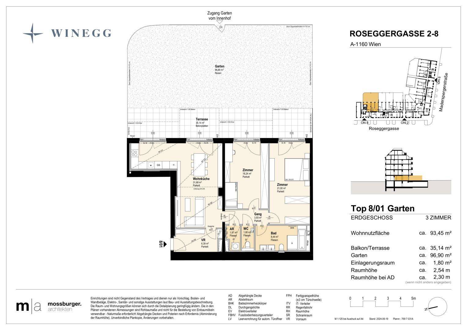 Grundriss einer Erdgeschosswohnung mit großem Garten und Terrasse.