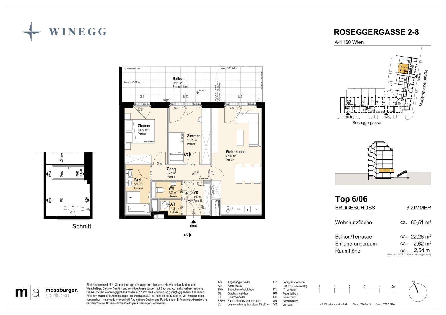 Grundriss einer 3-Zimmer-Wohnung im Erdgeschoss mit Balkon und Abstellraum.