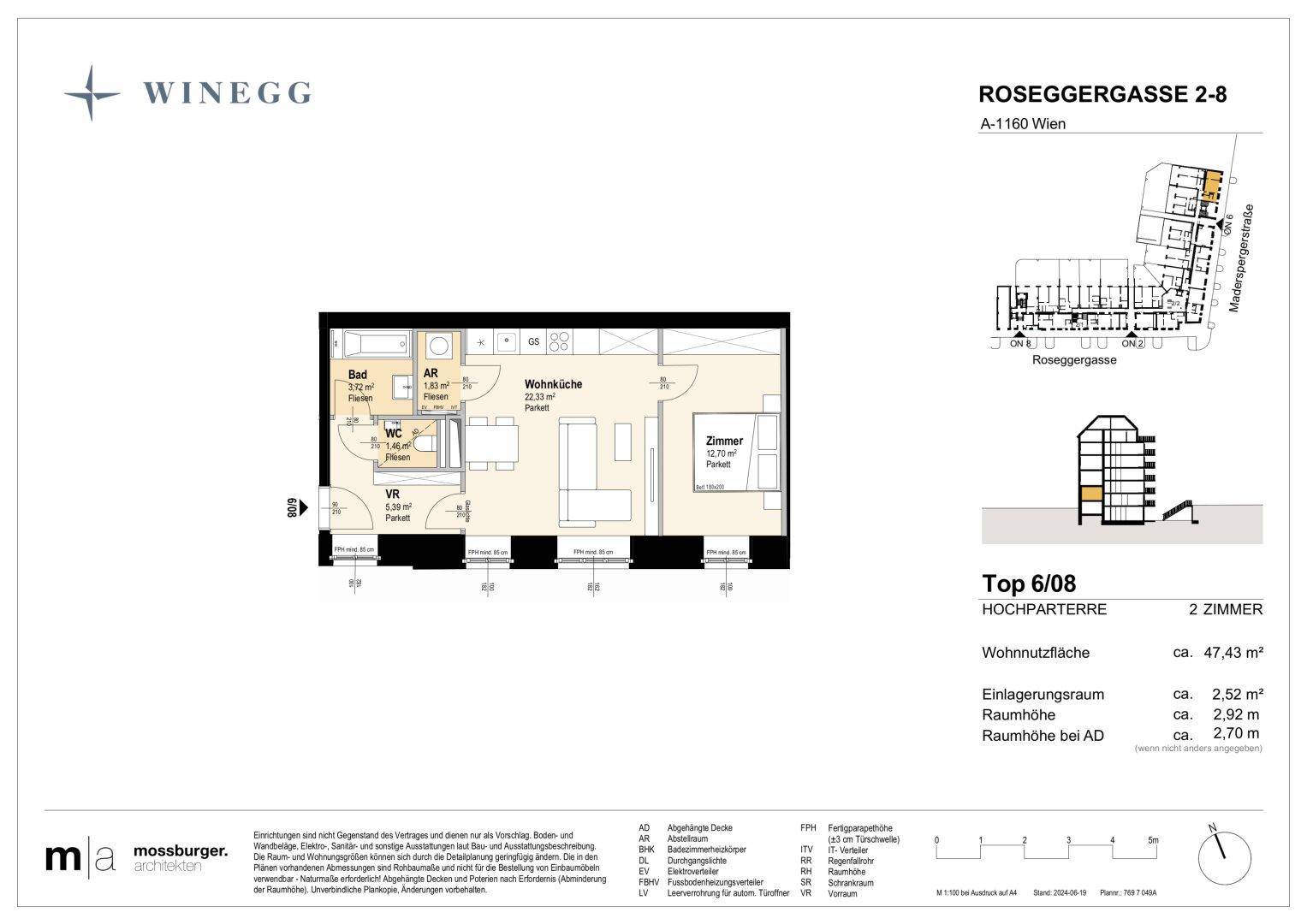 Grundriss der Wohnung Top 6/08 im Hochparterre mit 47,43 m² Wohnnutzfläche.