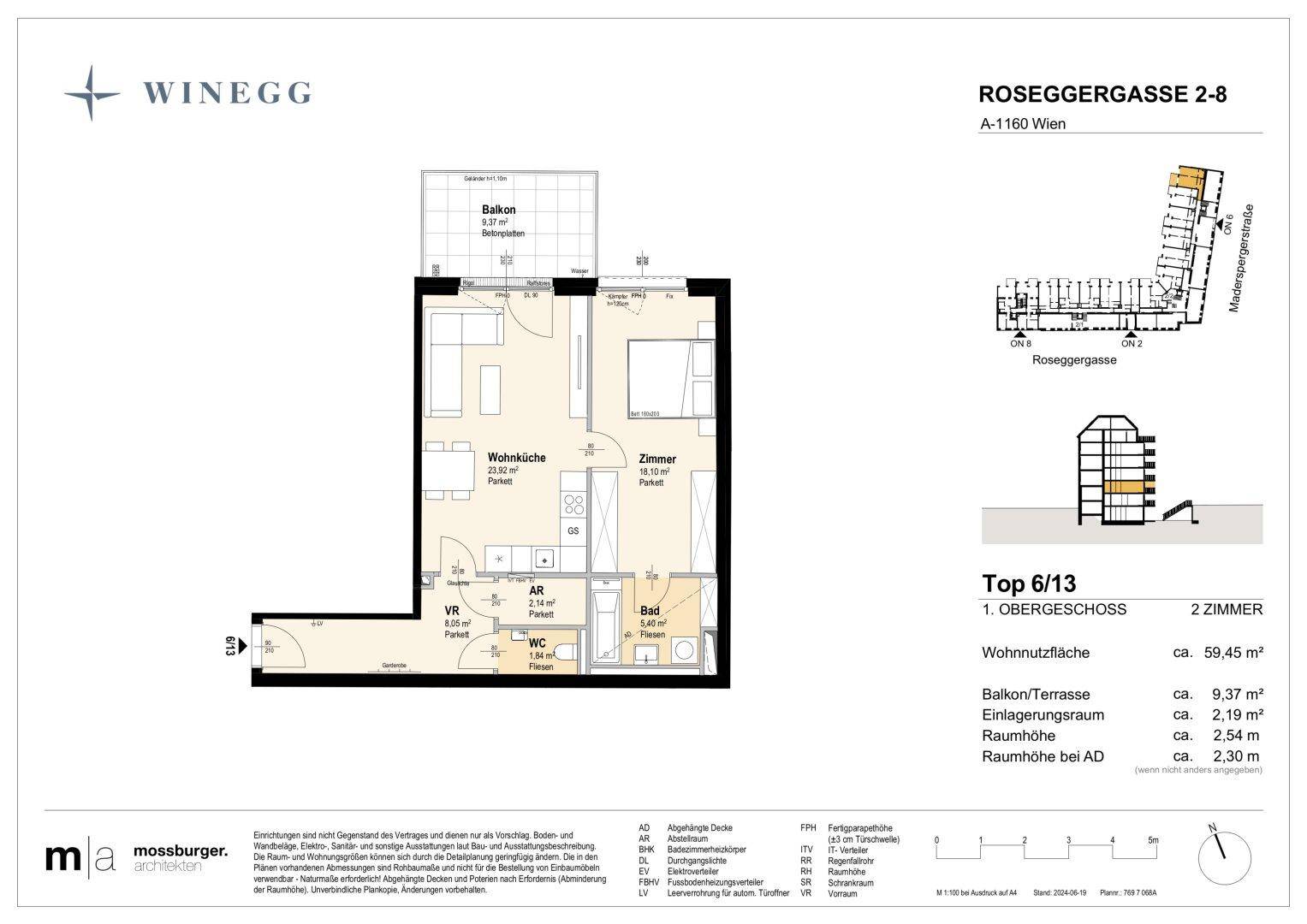 Grundriss einer 2-Zimmer-Wohnung mit offener Wohnküche, Balkon und separatem WC.
