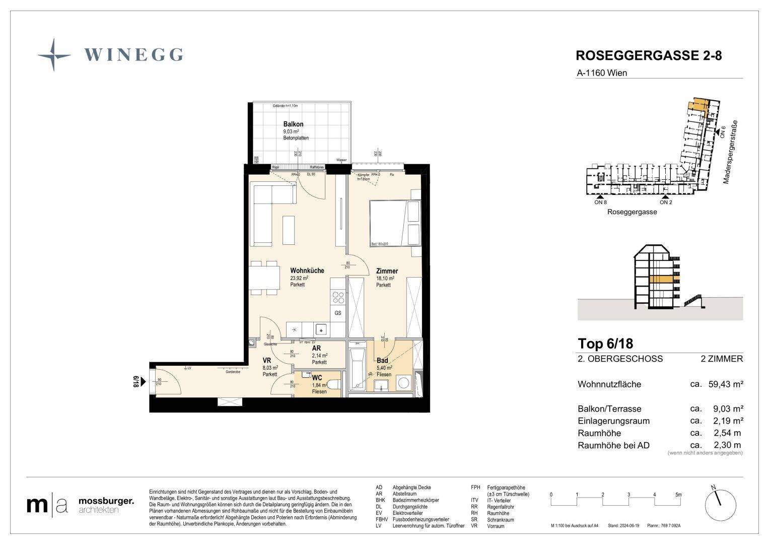 Grundriss einer 2-Zimmer-Wohnung mit offener Wohnküche, Balkon und separatem WC.