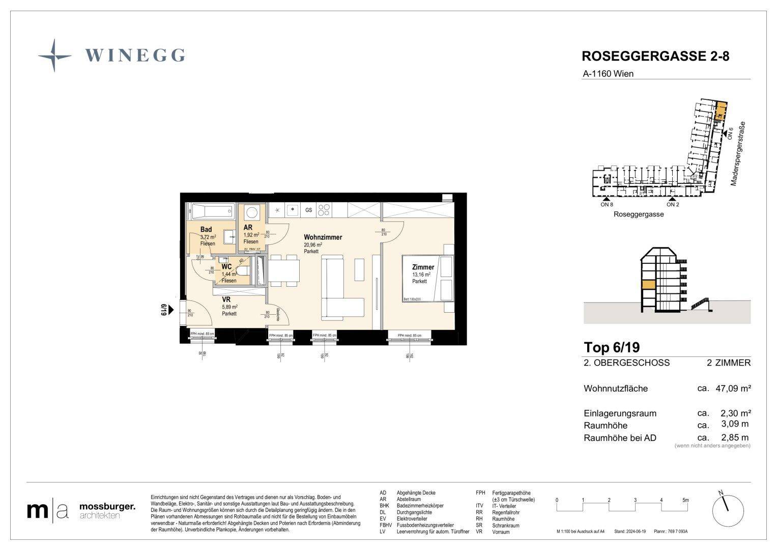 Grundriss einer Zweizimmerwohnung mit separatem WC und Balkonzugang.