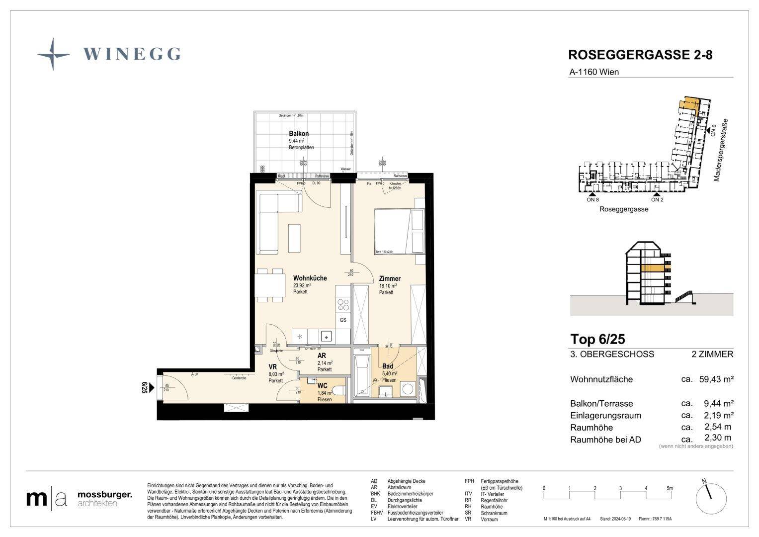 Grundriss einer Zweizimmerwohnung im dritten Obergeschoss mit Balkon und separatem WC.