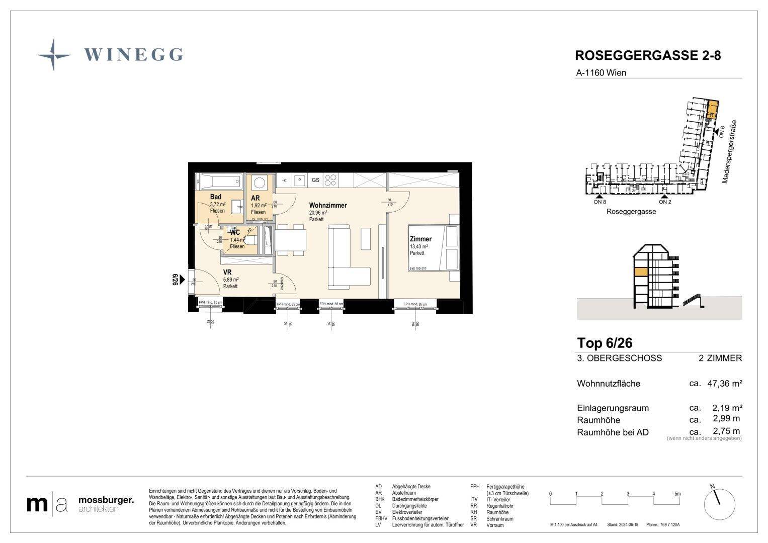 Detaillierter Grundriss einer 2-Zimmer-Wohnung mit integrierter Küche, separatem WC und Bad.