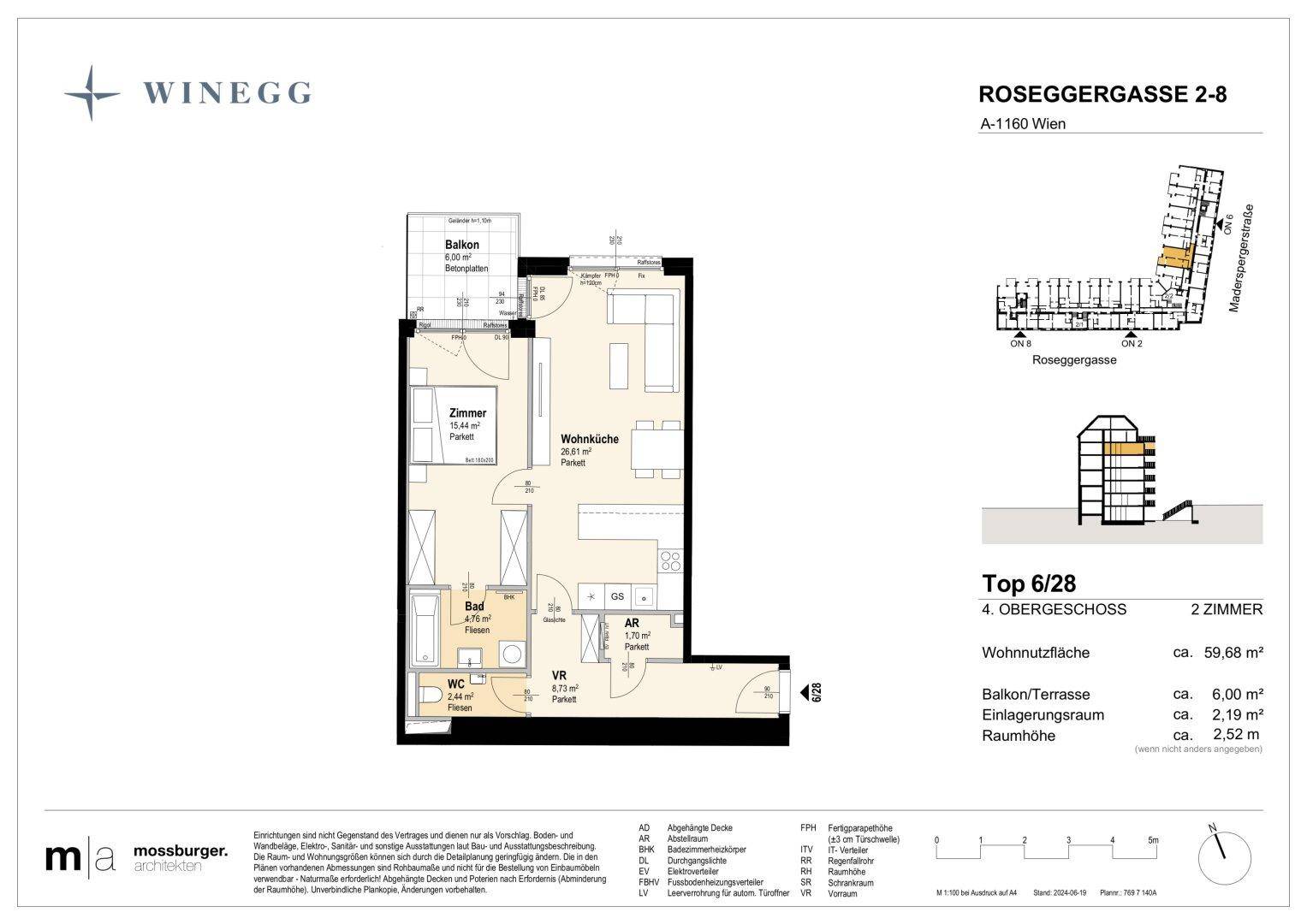 Grundriss einer modernen 2-Zimmer-Wohnung mit offener Wohnküche, Balkon, Bad und separatem WC.