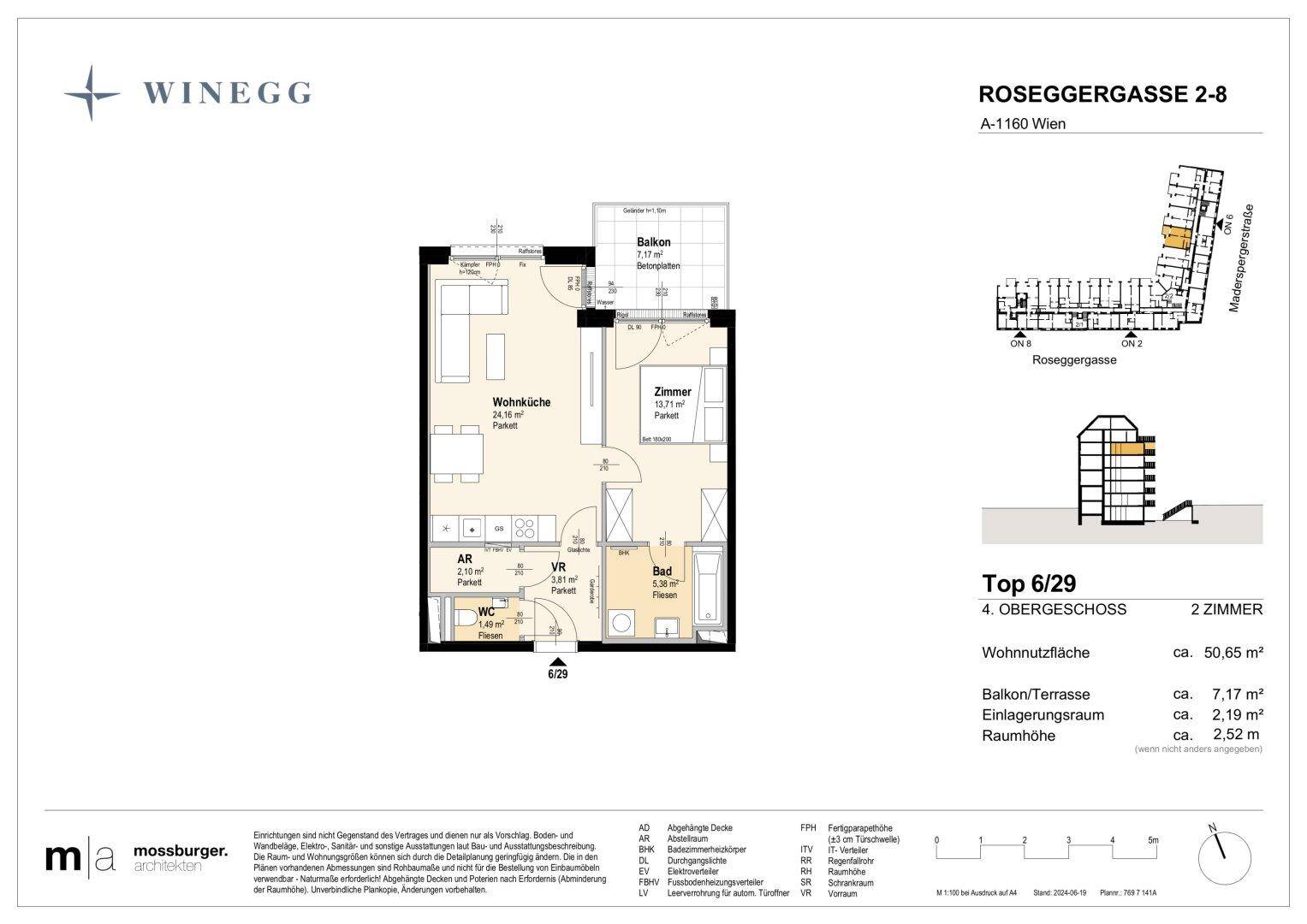 Grundriss einer modernen 2-Zimmer-Wohnung mit offener Wohnküche, separatem Schlafzimmer und Balkon.