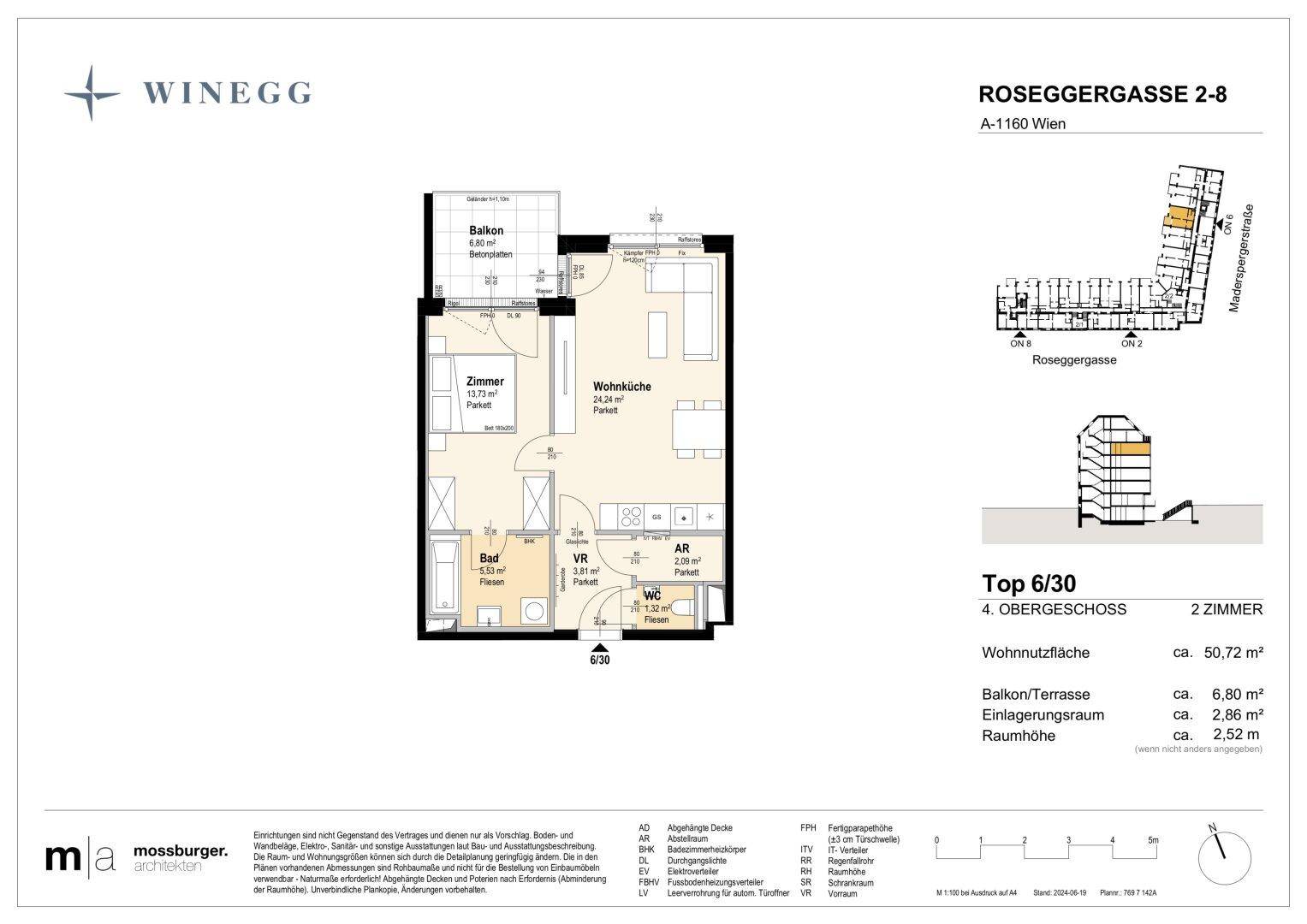 Grundriss einer Wohnung mit offener Wohnküche, einem Schlafzimmer, Bad, separatem WC und Balkon.