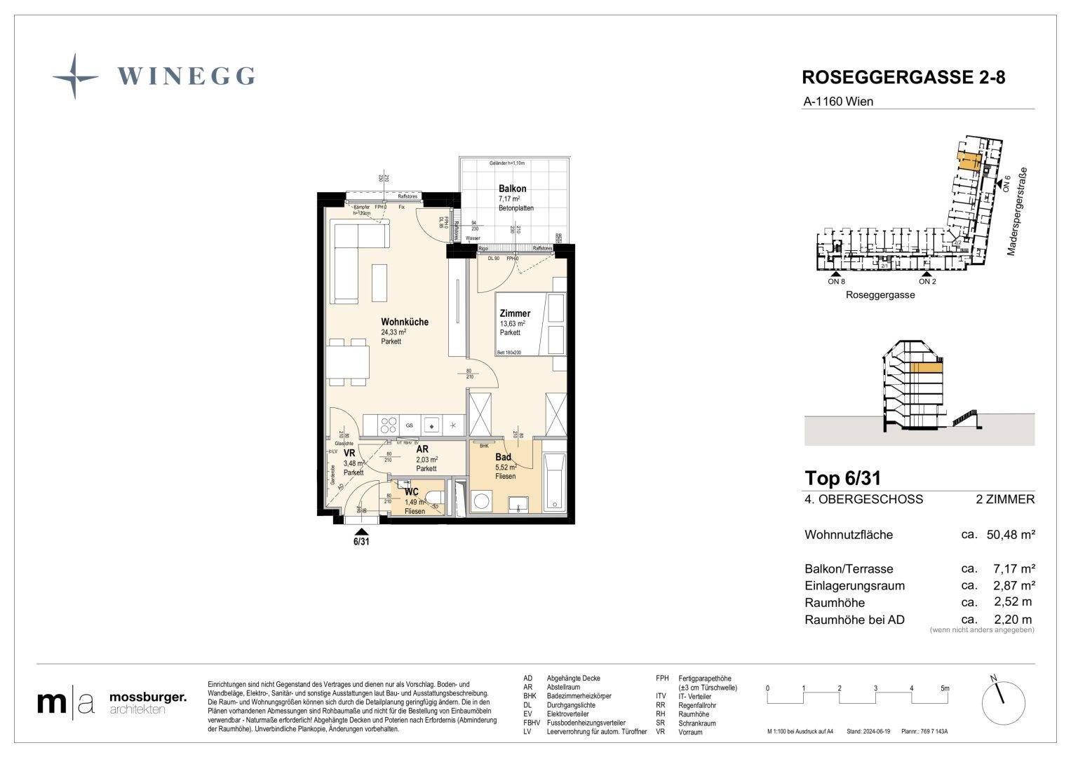Grundriss einer 2-Zimmer-Wohnung mit offener Wohnküche, Balkon und separatem WC.