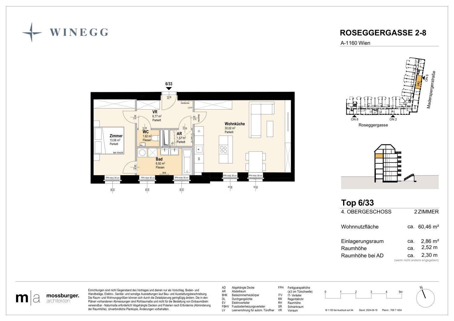 Grundriss einer 2-Zimmer-Wohnung mit offener Wohnküche, Schlafzimmer, Bad und separatem WC.