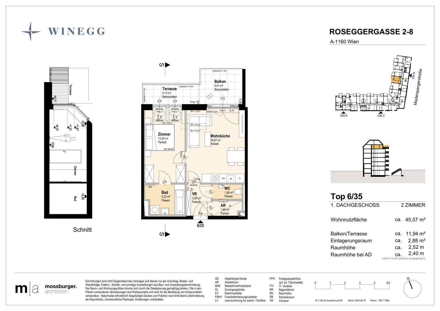 Grundriss einer Dachgeschosswohnung mit zwei Zimmern, Balkon und Wohnküche.