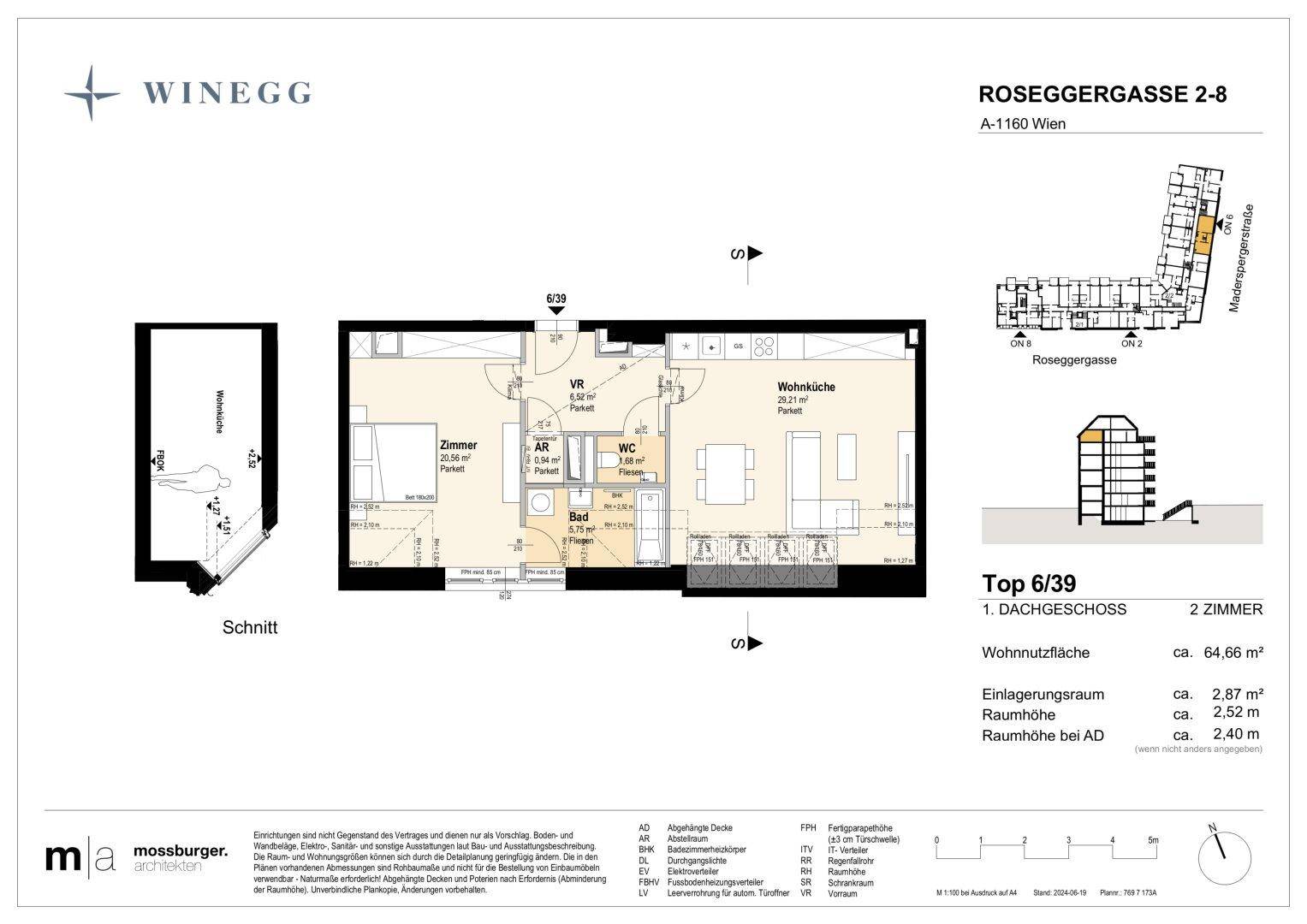 Grundriss einer Zweizimmerwohnung im Dachgeschoss mit 64,66 m² Wohnnutzfläche.