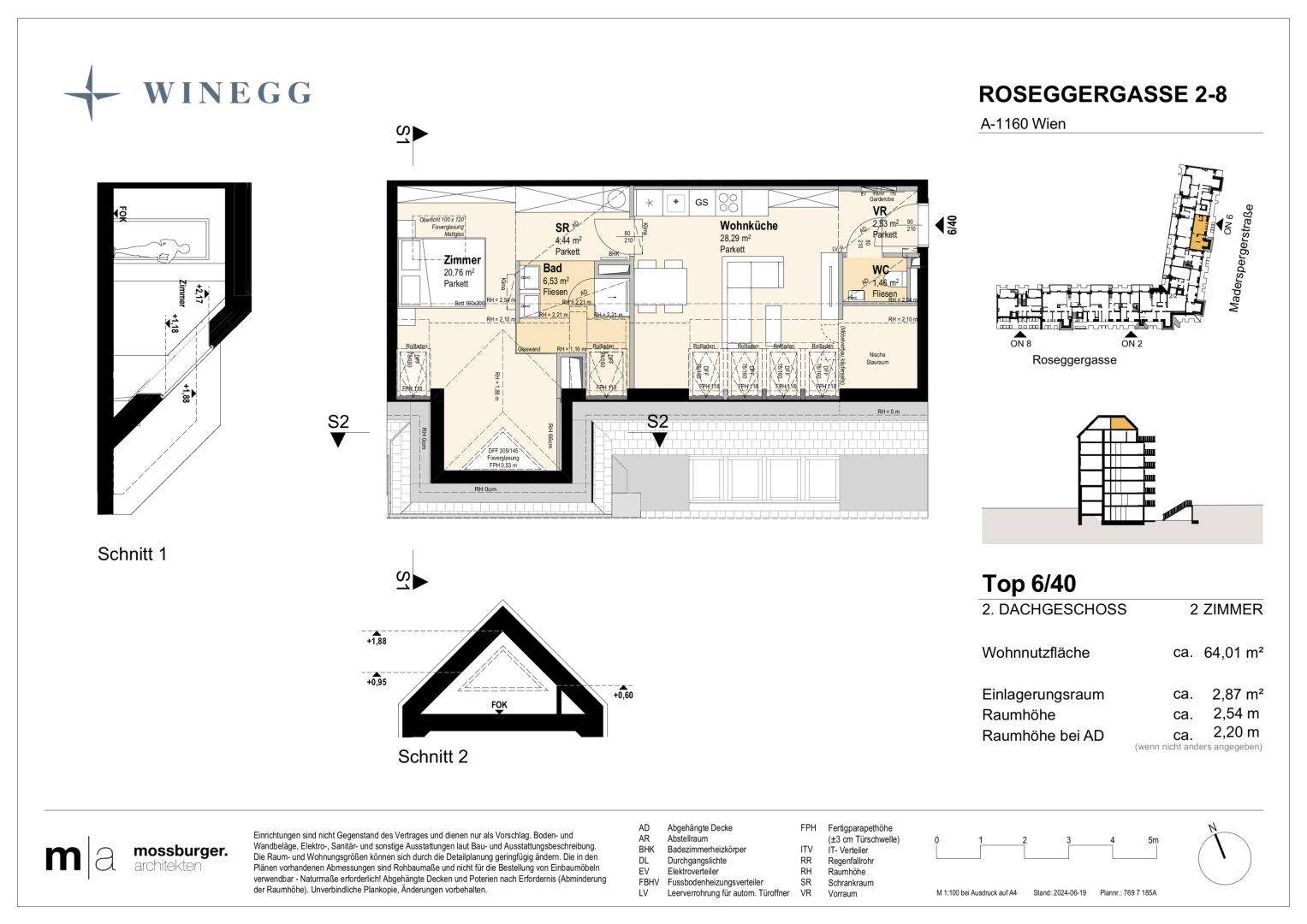 Detaillierter Grundriss einer 2-Zimmer-Wohnung im Dachgeschoss mit Wohnflächenangaben.