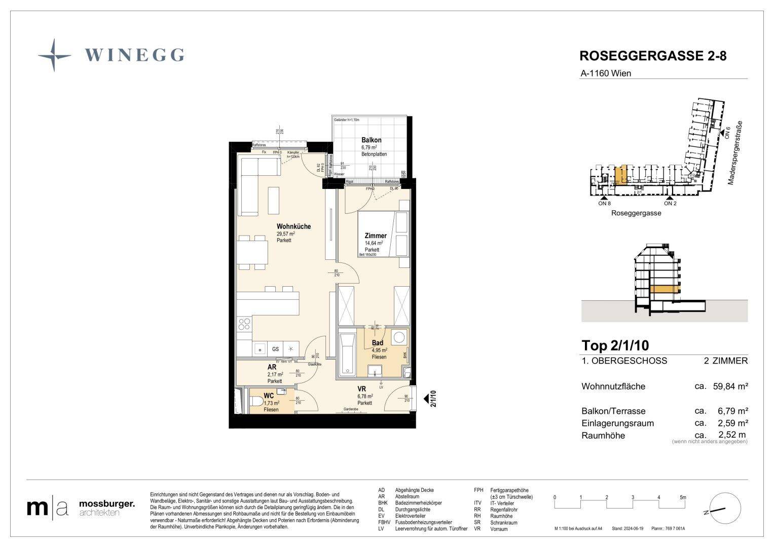 Übersichtlicher Grundrissplan einer modernen Wohnung mit einem Schlafzimmer, offener Wohnküche und separatem WC.
