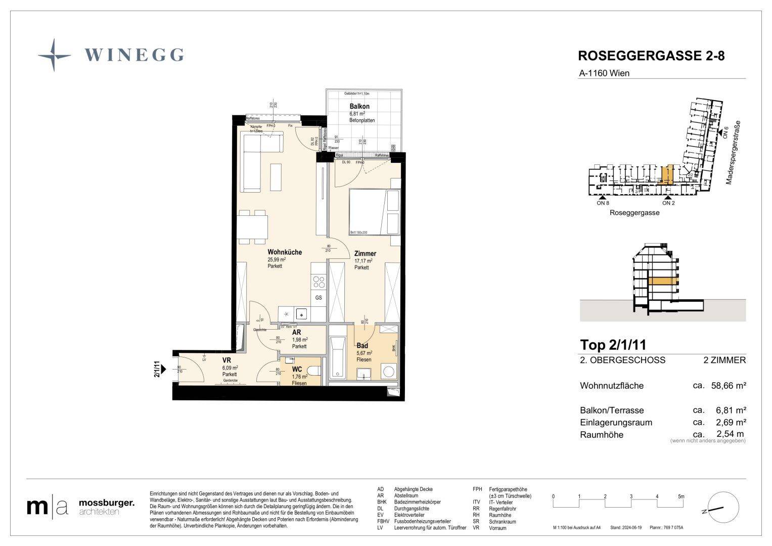 Grundriss einer modernen 2-Zimmer-Wohnung mit offener Wohnküche, separatem WC und Balkon.