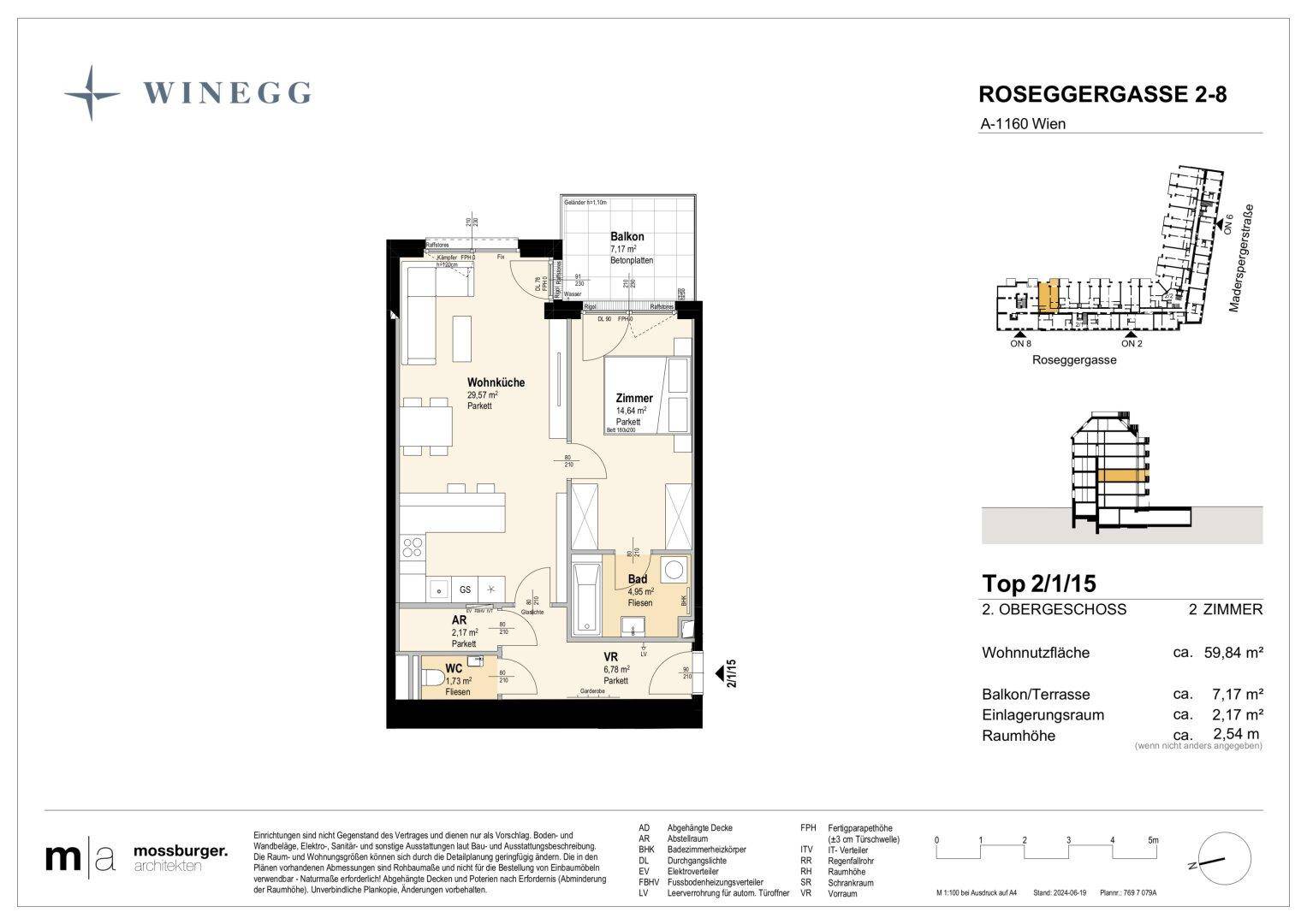 Grundriss einer Zweizimmerwohnung mit Balkon, separatem WC und offenem Wohnbereich.