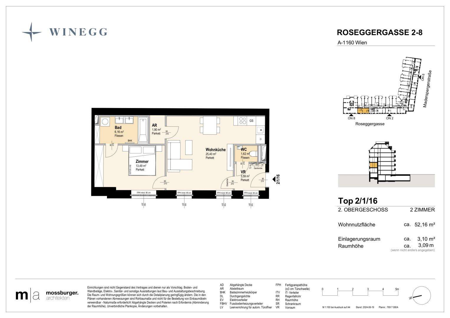 Grundriss einer 2-Zimmer-Wohnung mit offener Wohnküche, separatem Schlafzimmer und Bad mit Badewanne sowie einem Gäste-WC.