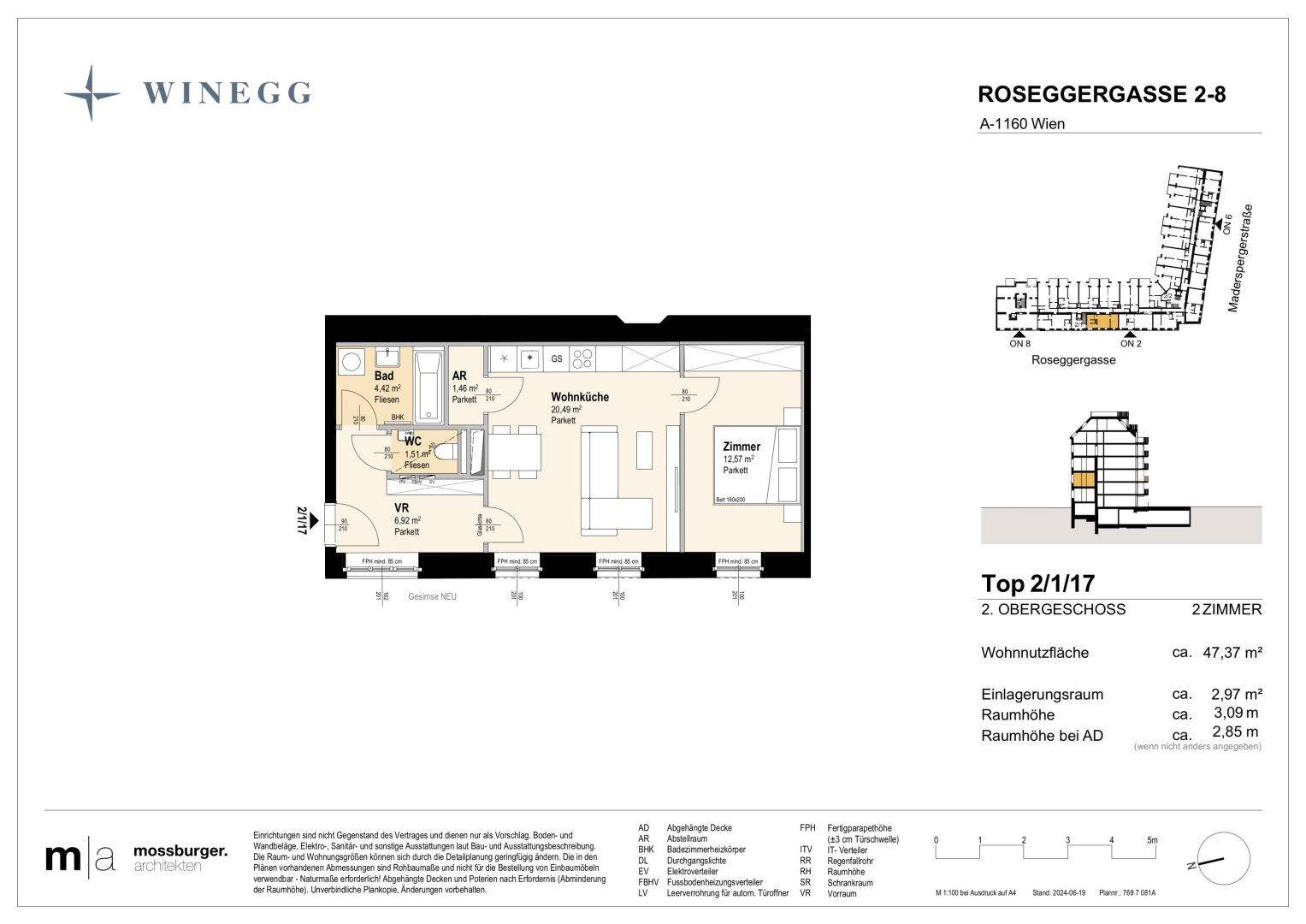Grundriss einer Zweizimmerwohnung mit offener Wohnküche und separatem WC.