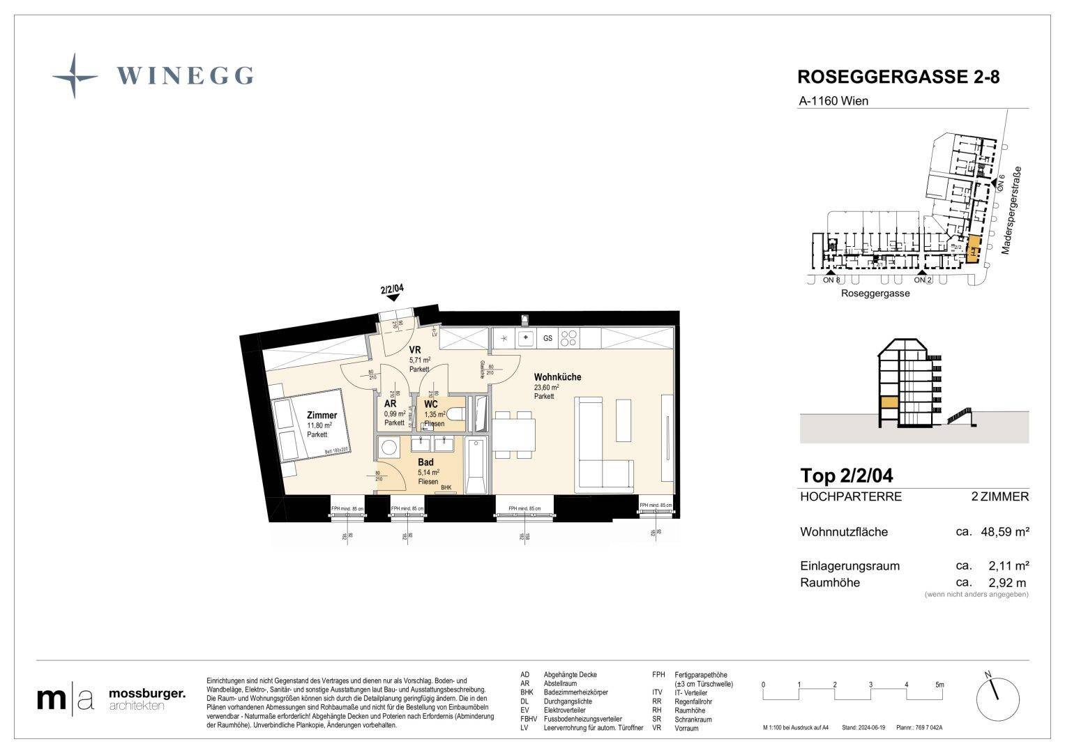 Grundriss einer Zweizimmerwohnung im Hochparterre mit 48,59 m² Wohnfläche.