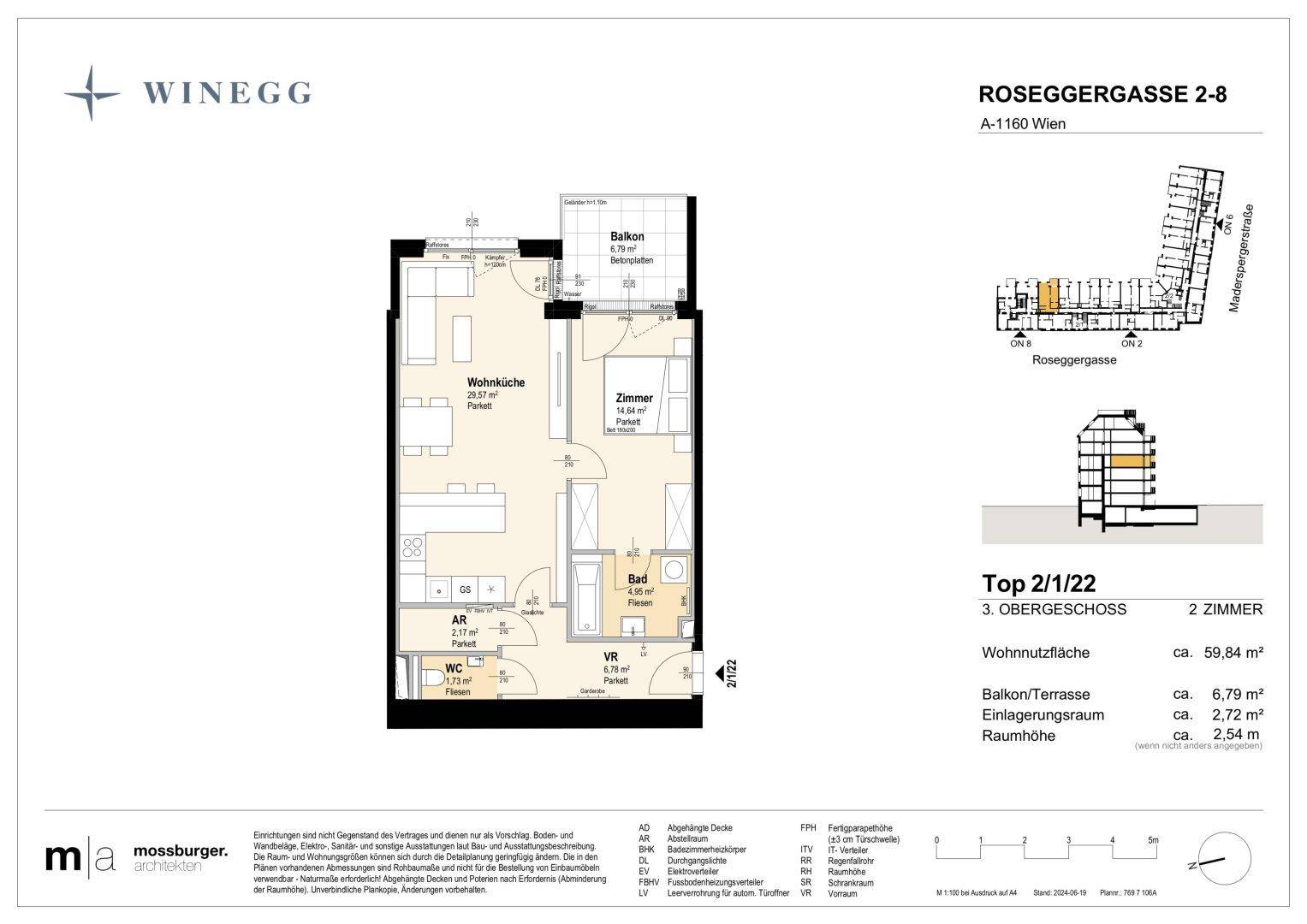 Grundriss einer 2-Zimmer-Wohnung mit offener Wohnküche, Balkon und separatem WC.