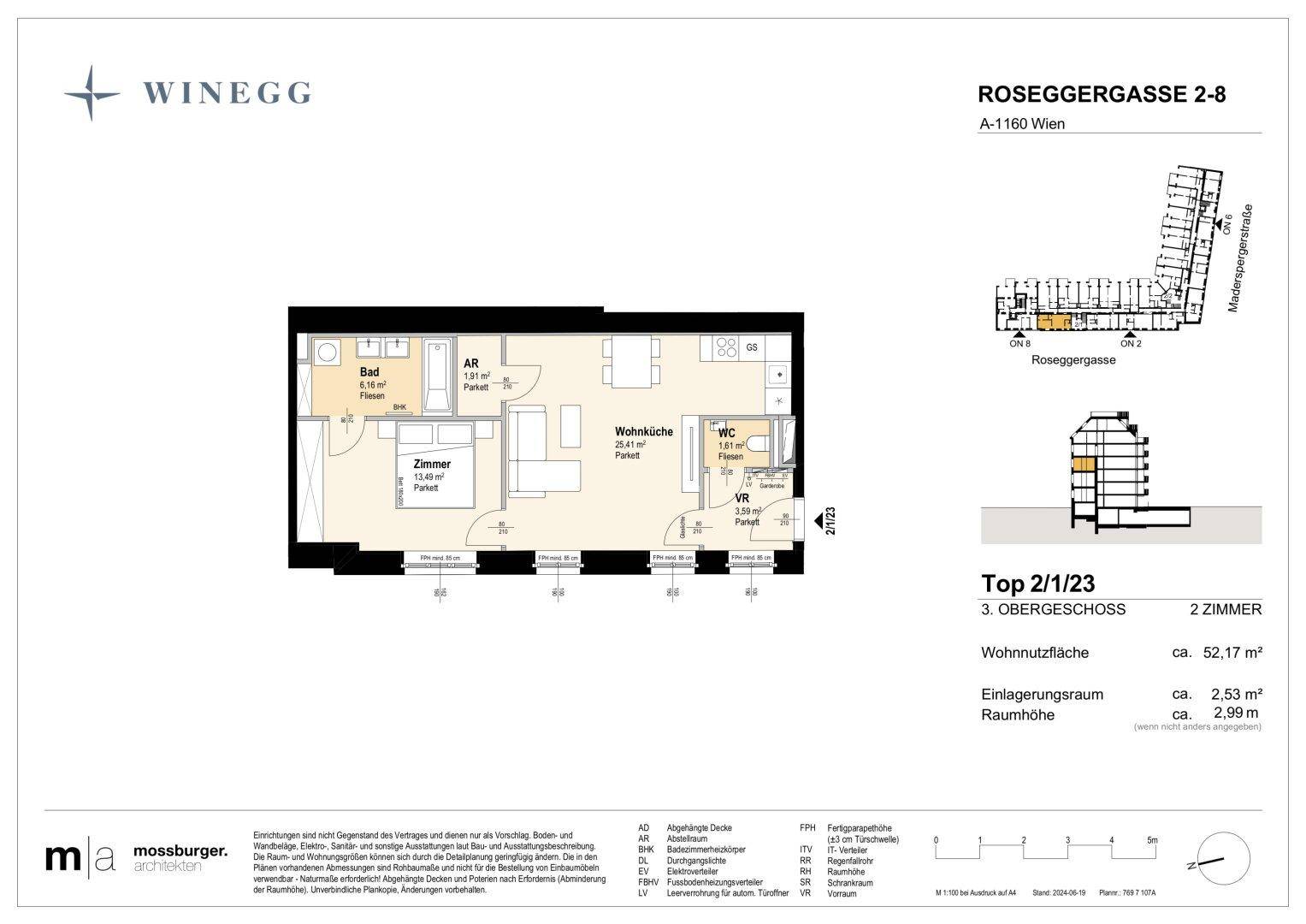 Grundriss einer 2-Zimmer-Wohnung im 3. Obergeschoss mit 52,17 m² Wohnnutzfläche.
