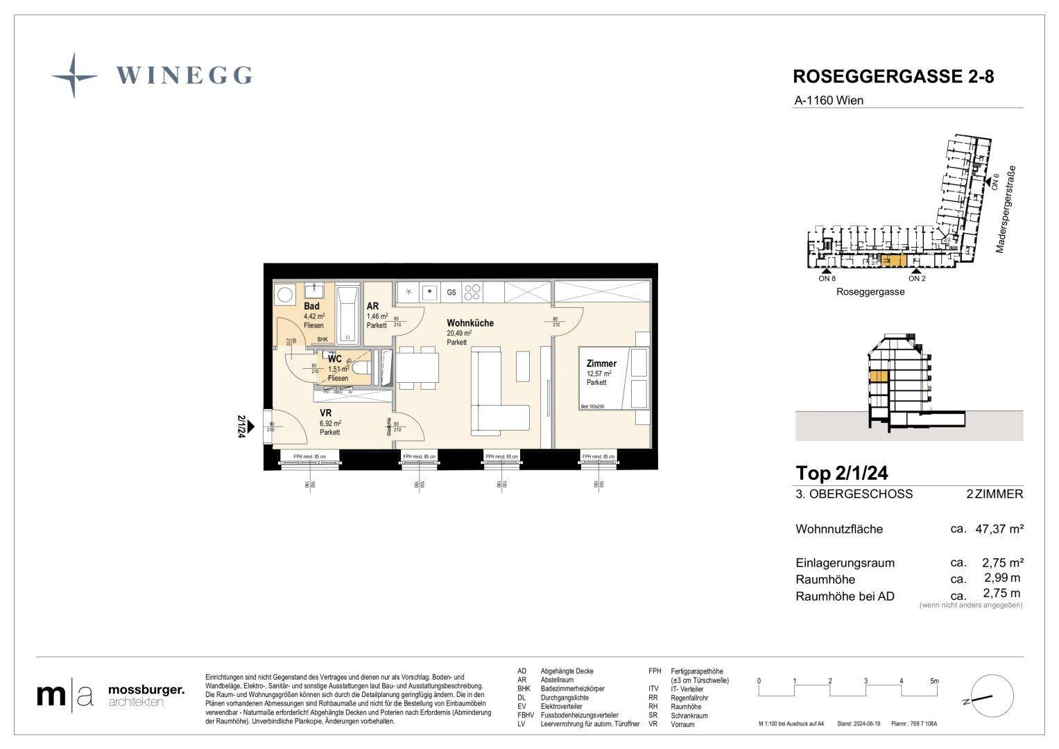 Grundriss einer 2-Zimmer-Wohnung mit offener Wohnküche, separatem WC und Bad mit Wanne und Dusche.