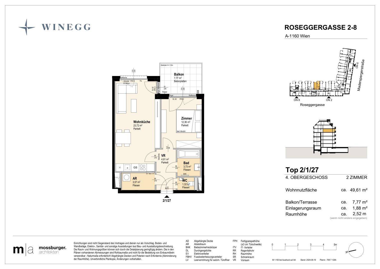 Grundriss einer 2-Zimmer-Wohnung im 4. Obergeschoss mit Balkon und separatem WC.