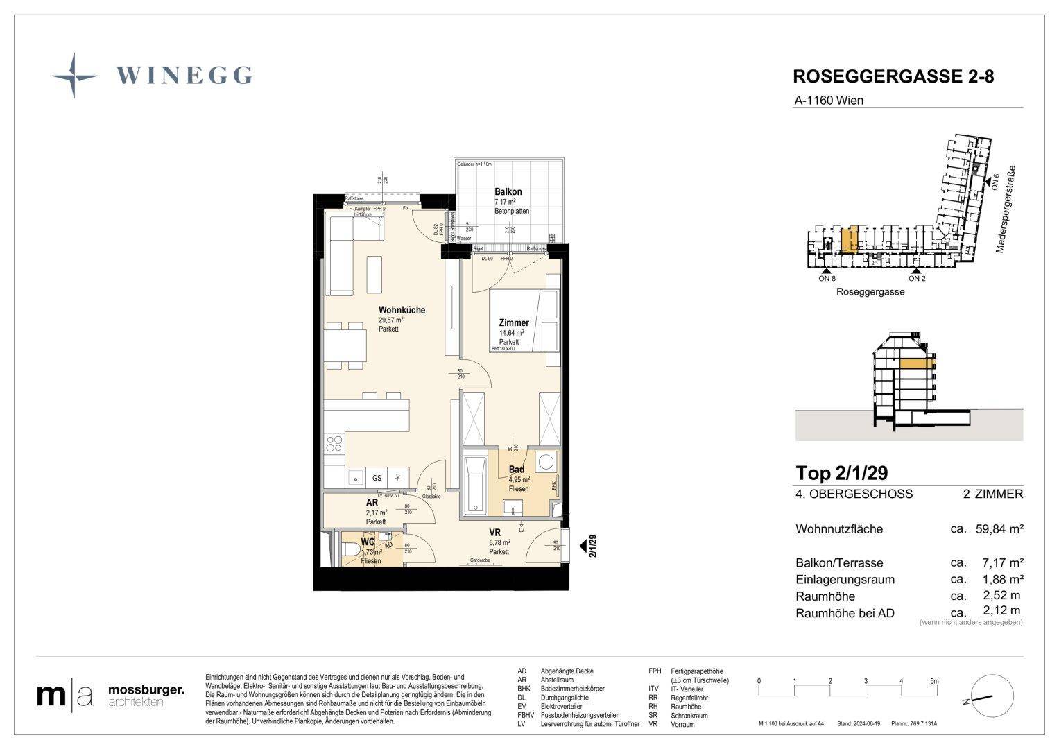 Grundriss einer Wohnung mit offener Wohnküche, einem Schlafzimmer, Bad, separatem WC und Balkon.