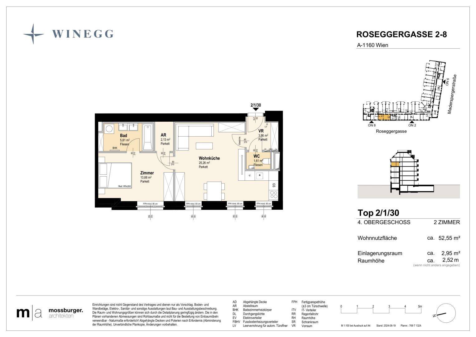 Grundriss einer 2-Zimmer-Wohnung im 4. Obergeschoss mit Wohnküche und Balkon.