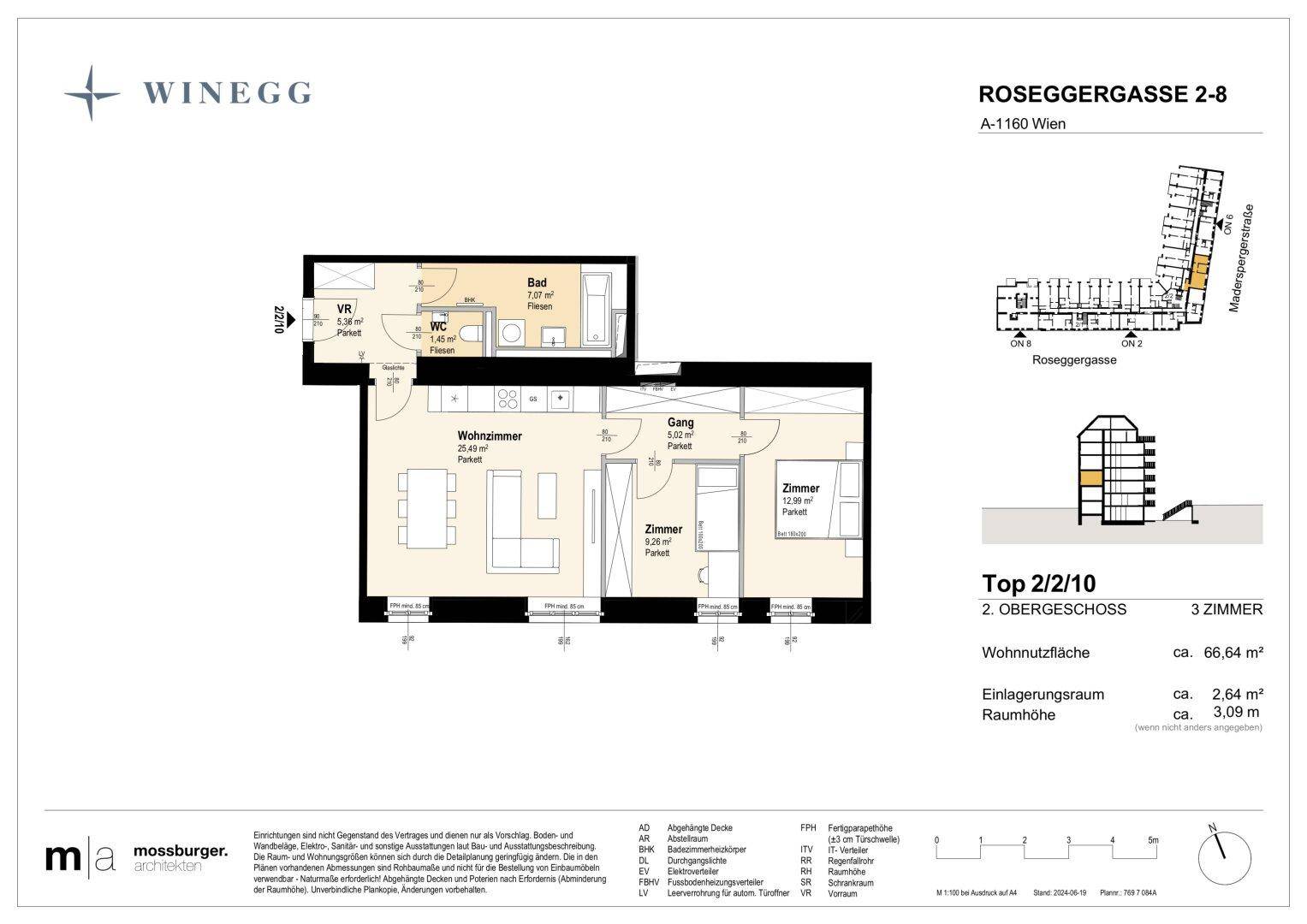 Detaillierter Grundriss einer 3-Zimmer-Wohnung im zweiten Obergeschoss mit offenem Wohnbereich und separatem WC.